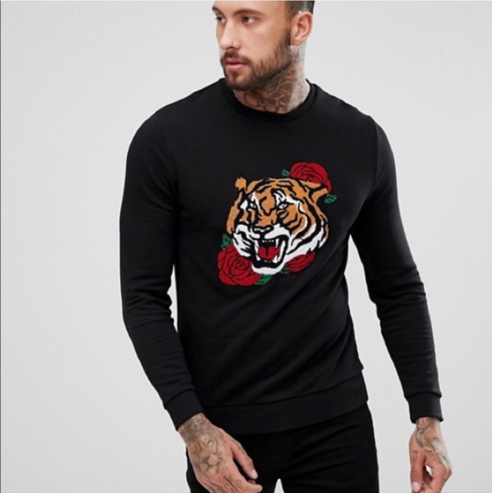 ASOS Sweatshirt Tiger and Rose Applique Size M Black Unisex Cotton